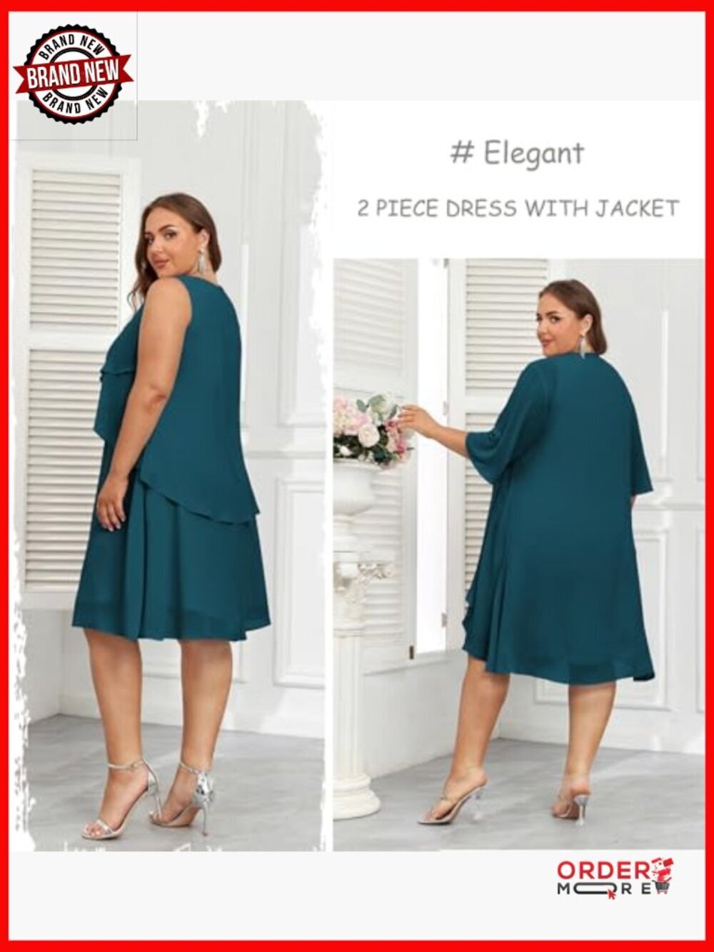 Plus Size 2 Piece Dress Set with Jacket, Mother of Bride Wedding Guest - Picture 4 of 7